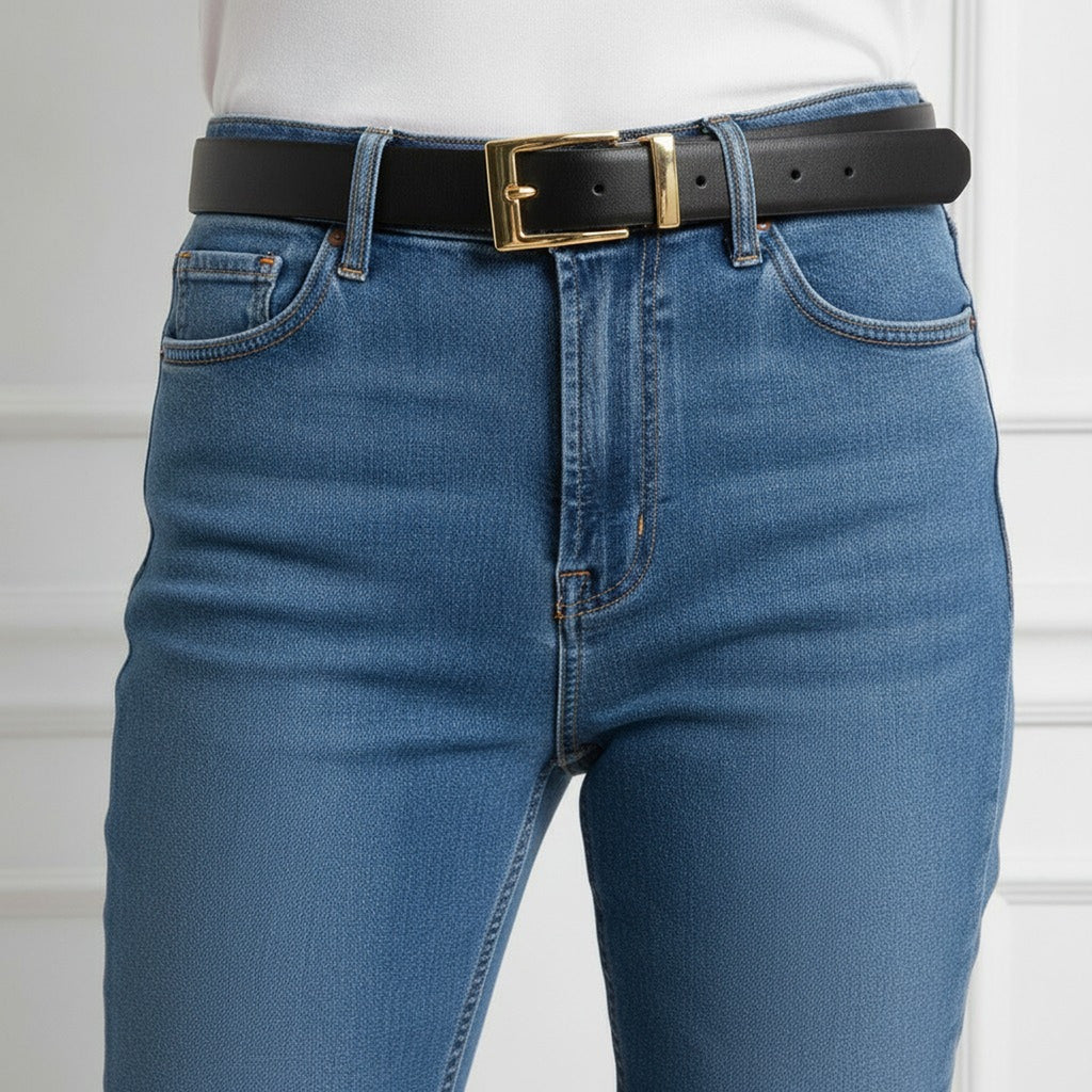 Black Leather Belt With Gold Buckle – scarves & belts