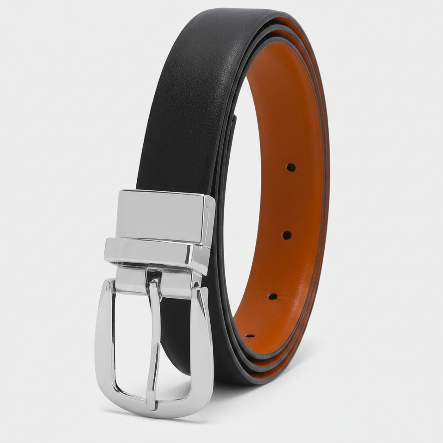 Black Leather Reversible Belt With Silver Buckle