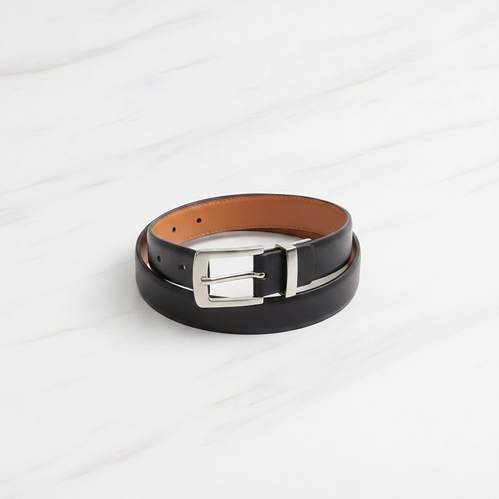 Black Leather Reversible Belt With Silver Buckle