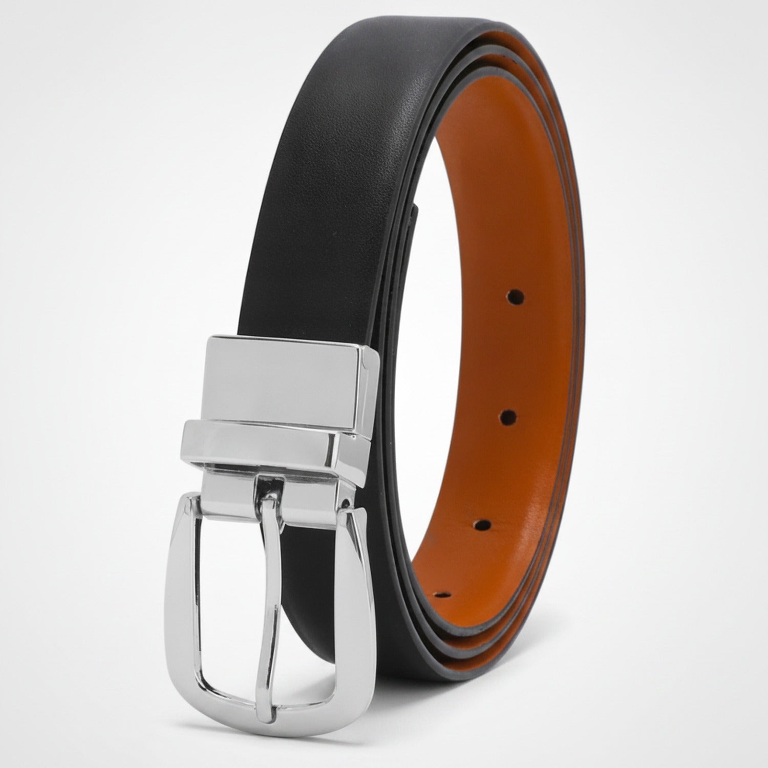 Black Leather Reversible Belt With Silver Buckle