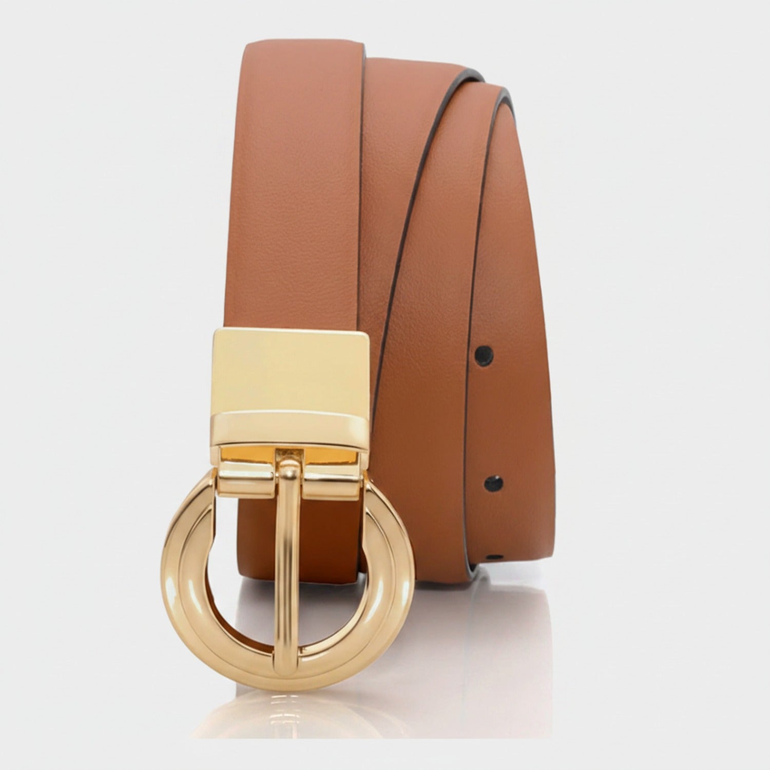 Cognac Leather Belt With Gold Circle Buckle
