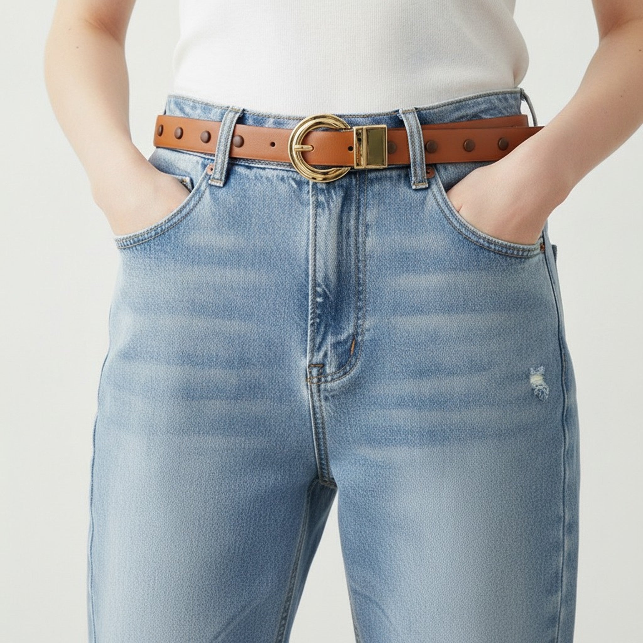 Cognac Leather Belt With Gold Circle Buckle – scarves & belts