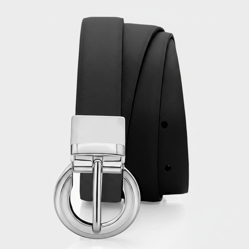 Black Leather Belt Silver Circle Buckle