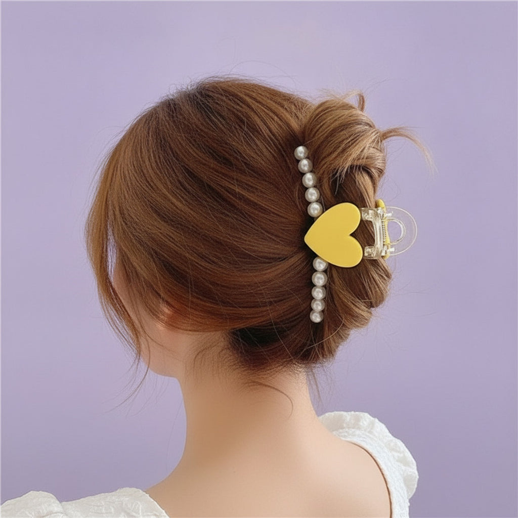 Yellow Heart Pearl Beaded Hair Claw – hair accessories (view 3)