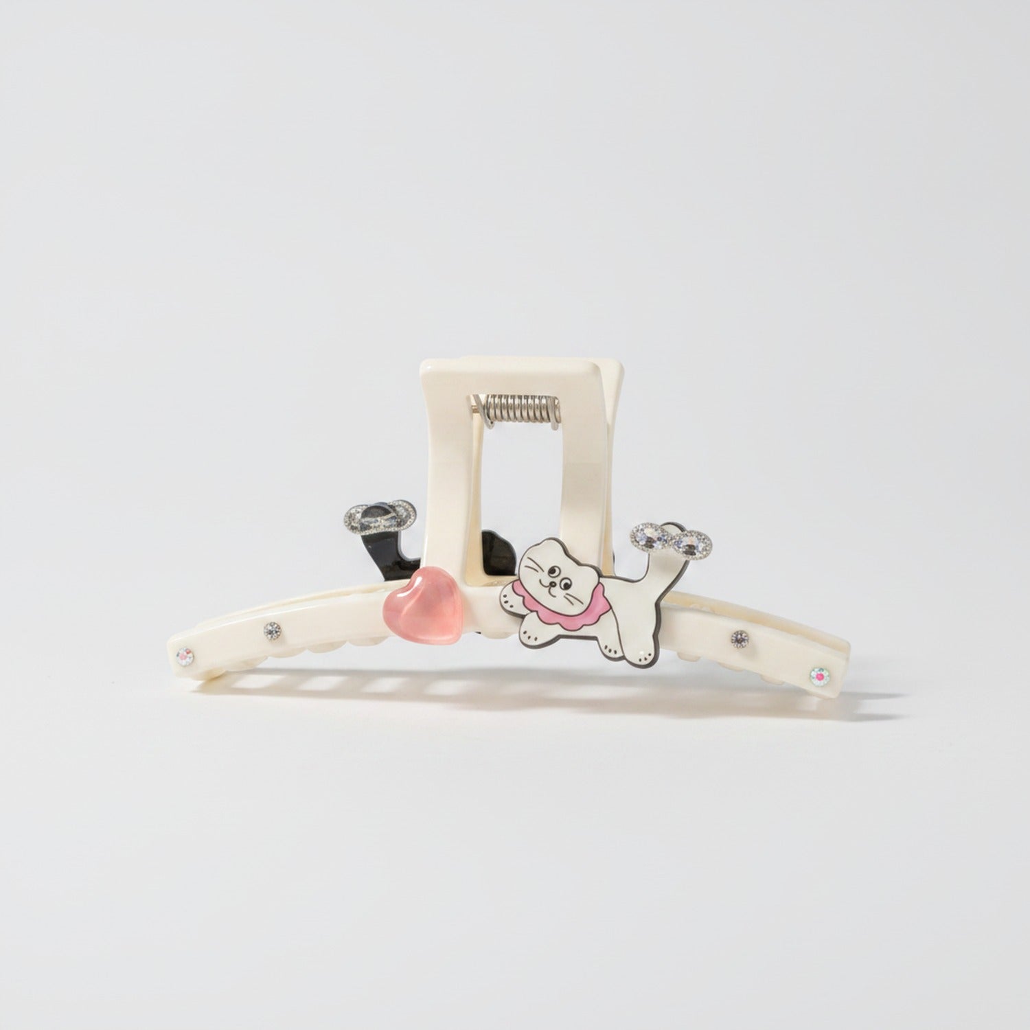 Cream Kitty Hair Claw With Rhinestone Accents