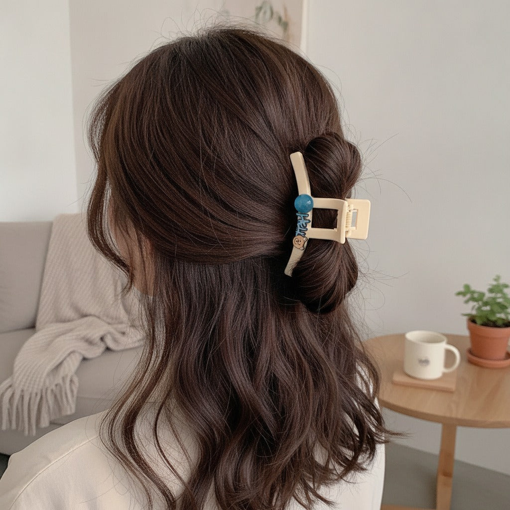 Wooden Hair Claw With Blue Charm Detail – hair accessories (view 2)
