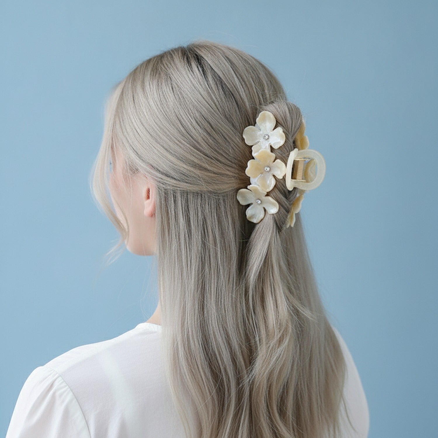 Pearl Flower Hair Claw Rhinestone - Cream White