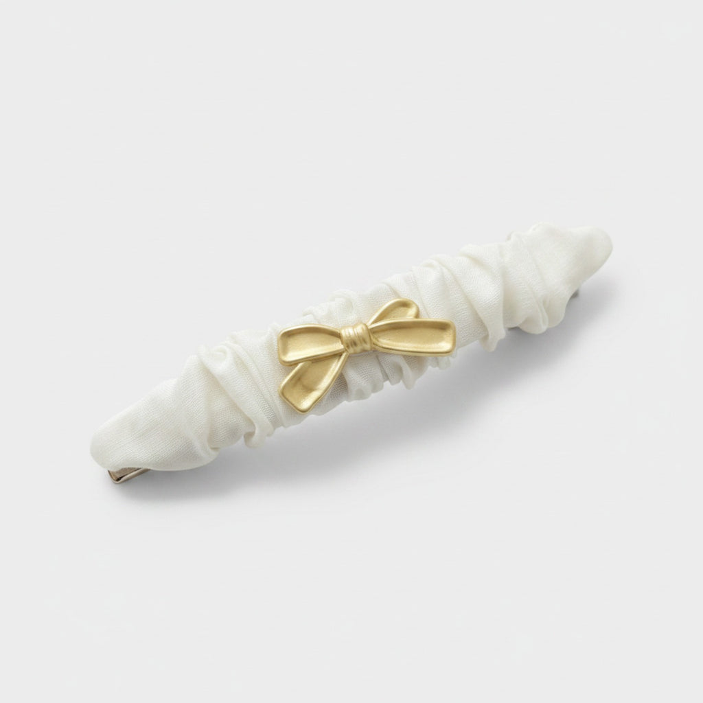 Cream Ruched Hair Clip With Gold Bow