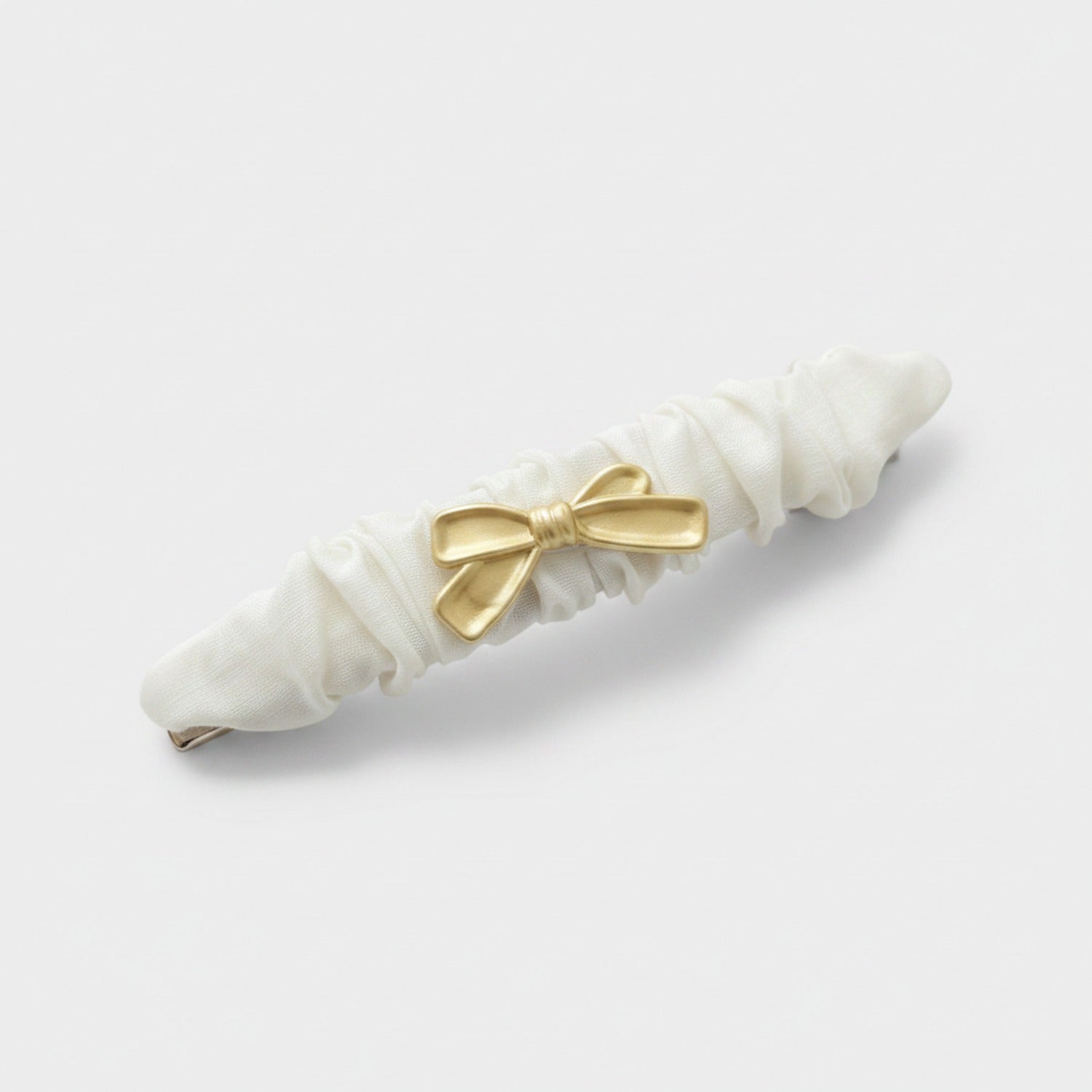 Cream Ruched Hair Clip With Gold Bow