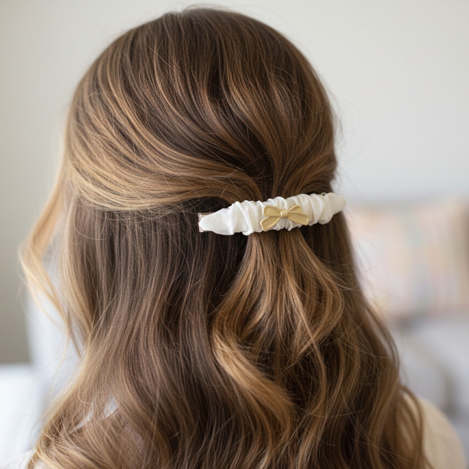 Cream Ruched Hair Clip With Gold Bow