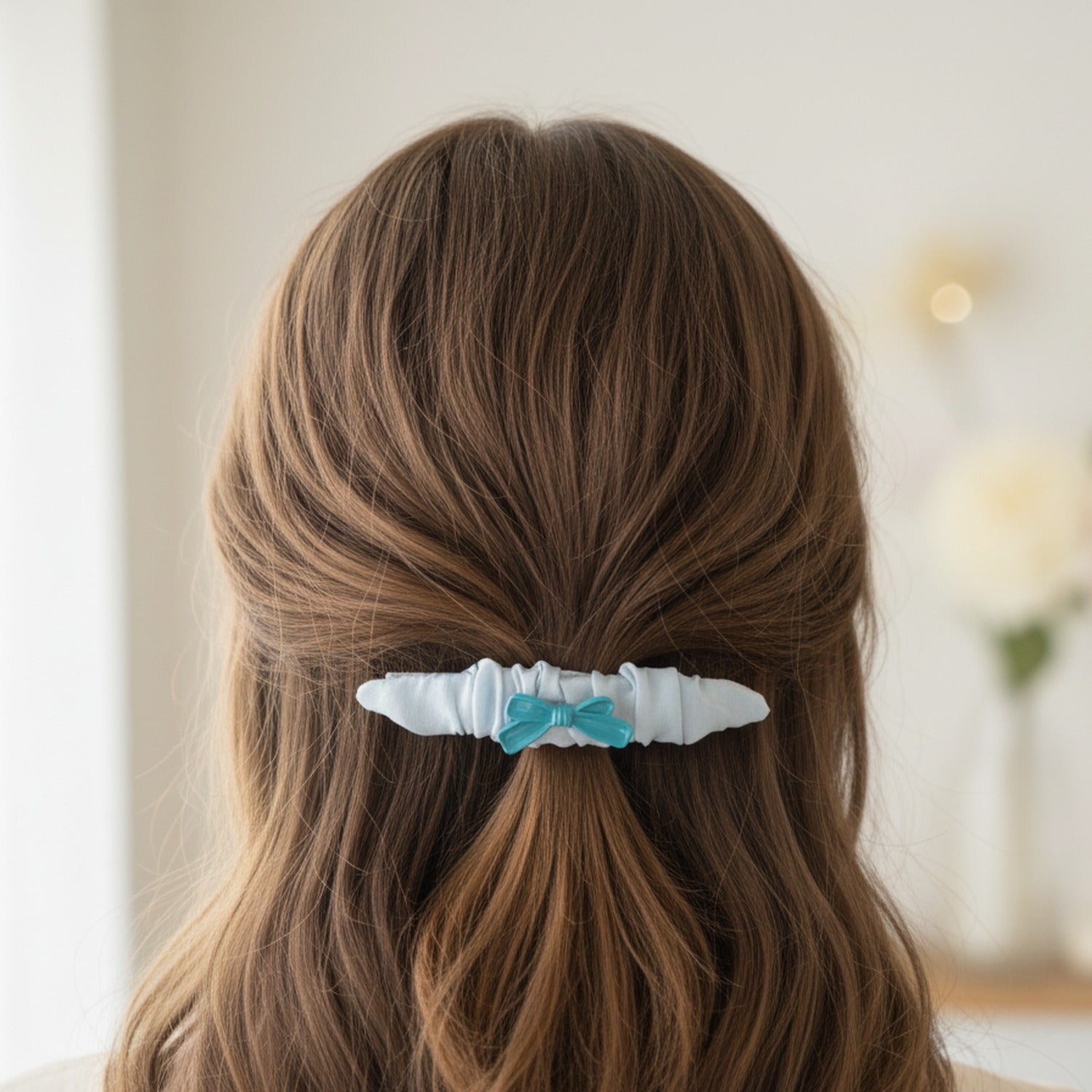 White Puffy Hair Clip With Turquoise Bow