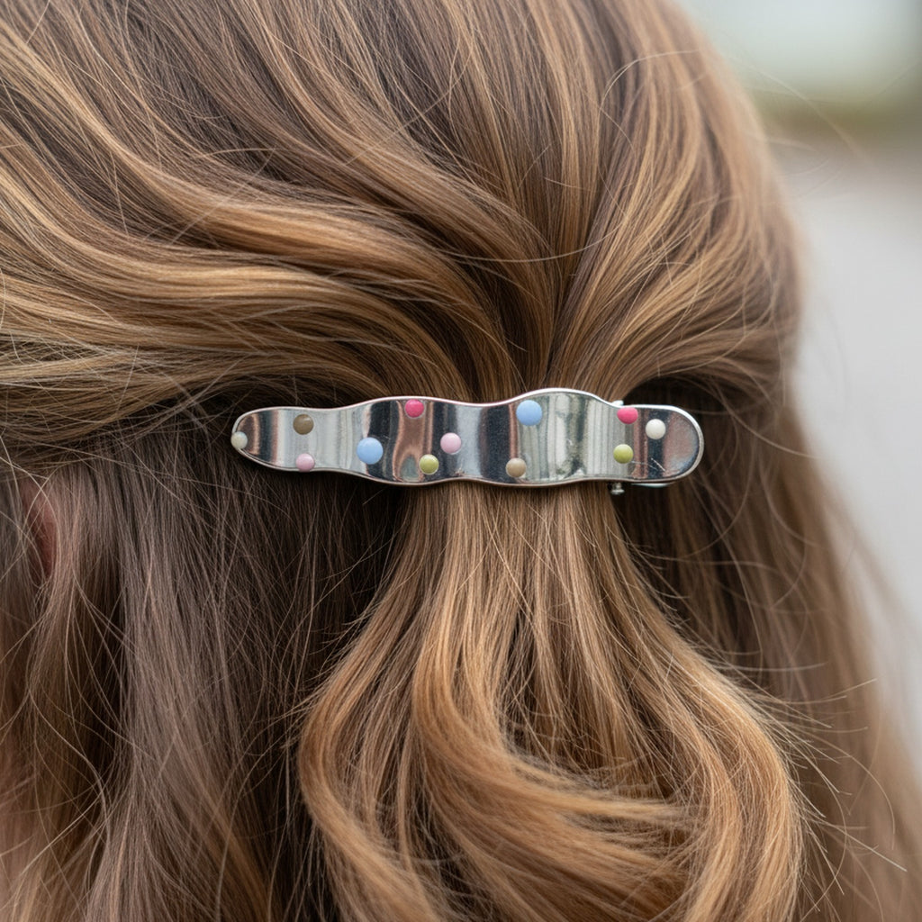 Colorful Beaded Hair Clip with Silver Metal Base