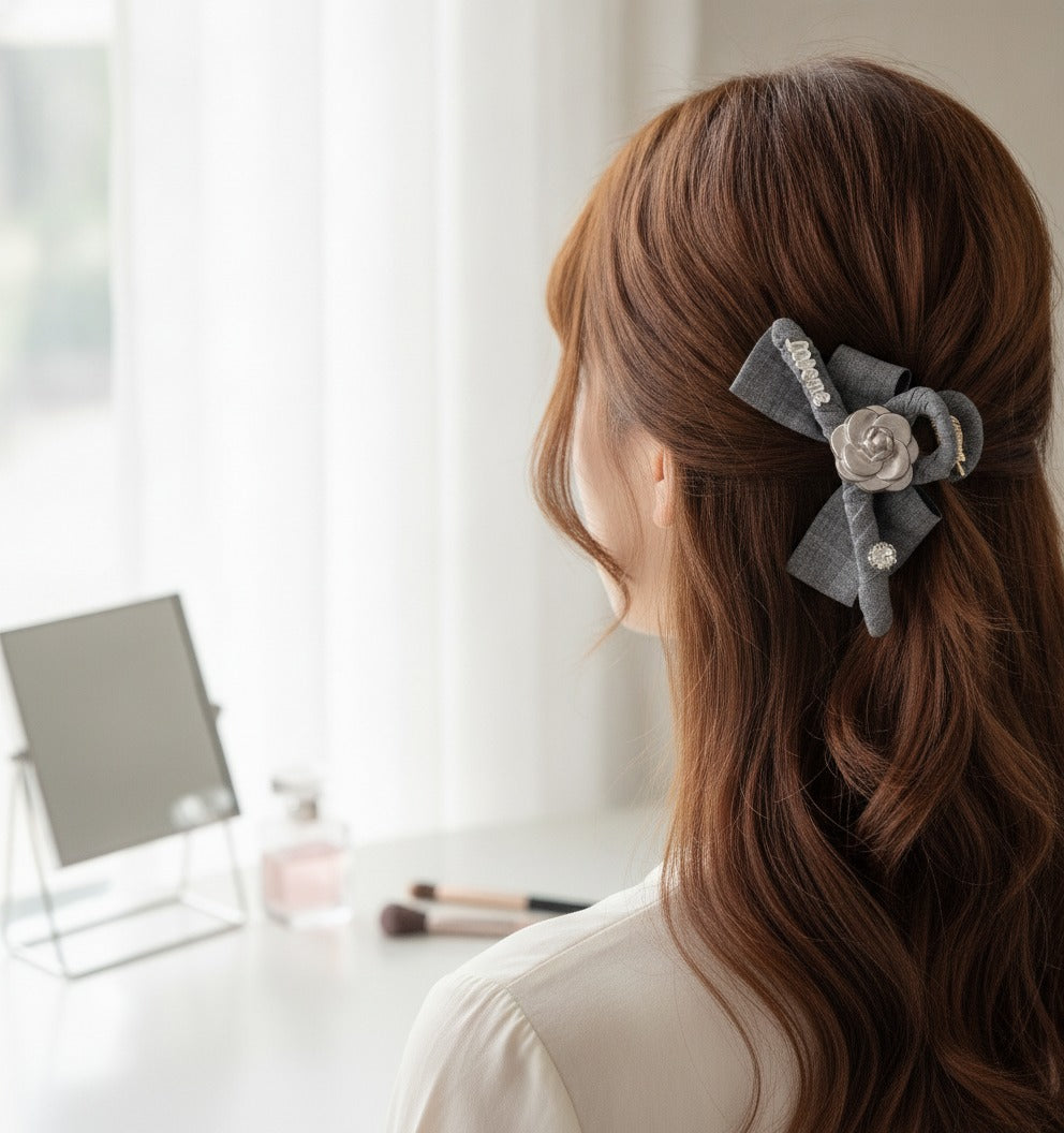 Gray Linen Hair Claw With Rose Charm – hair accessories (view 2)