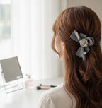 Gray Linen Hair Claw With Rose Charm – hair accessories (view 2)