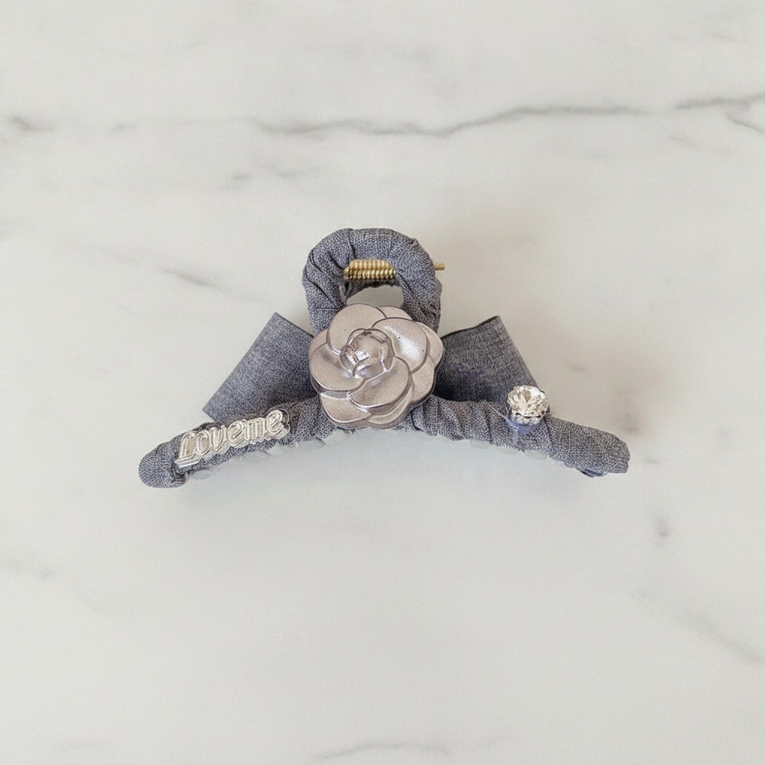 Gray Linen Hair Claw With Rose Charm
