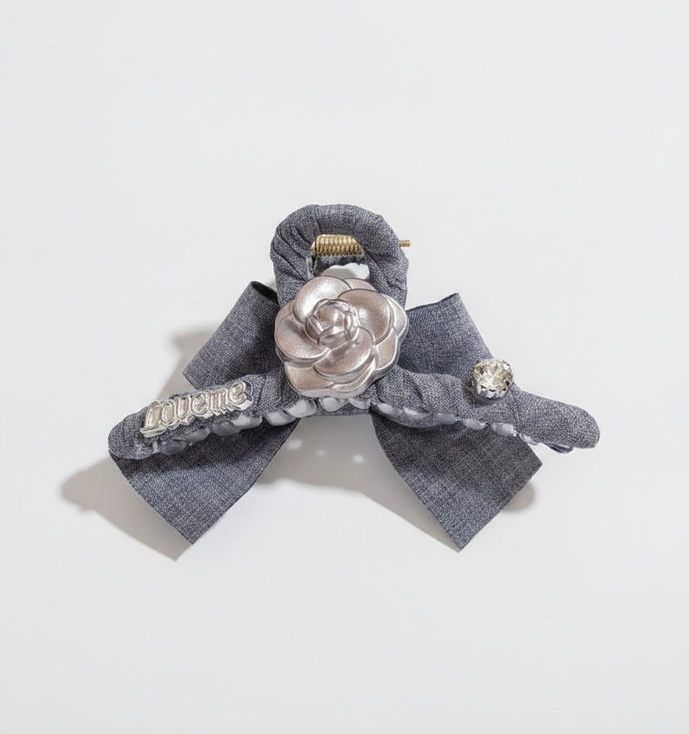 Gray Linen Hair Claw With Rose Charm – hair accessories (view 1)
