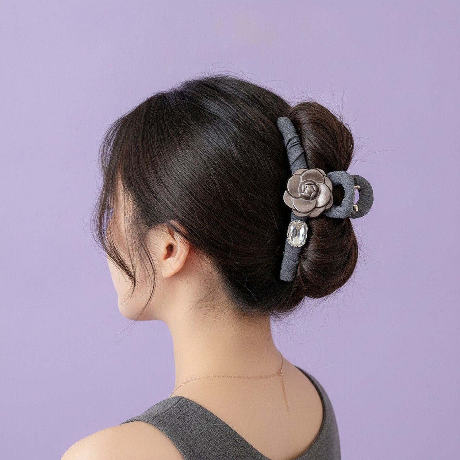 Gray Linen Hair Claw With Rose Charm