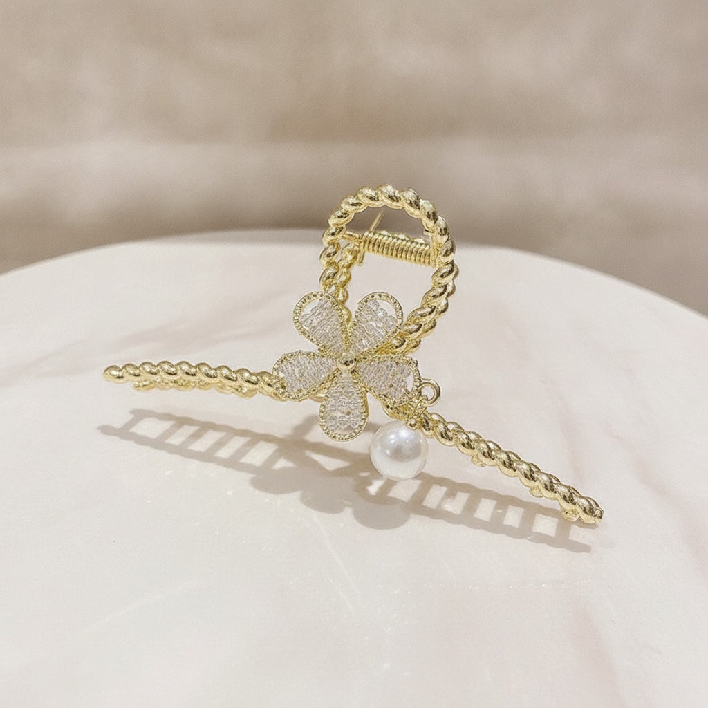 Gold Bow Pearl Hair Claw Clip – hair accessories (view 2)