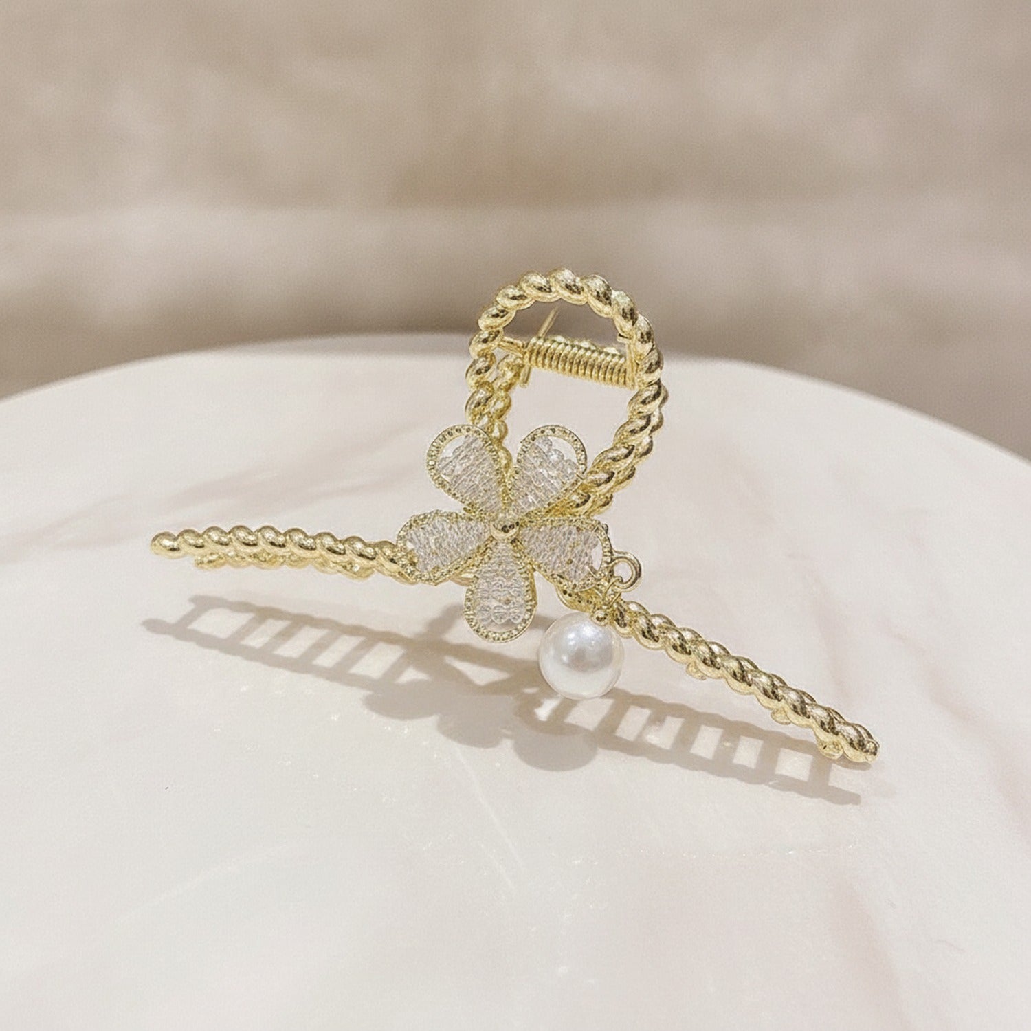 Gold Bow Pearl Hair Claw Clip