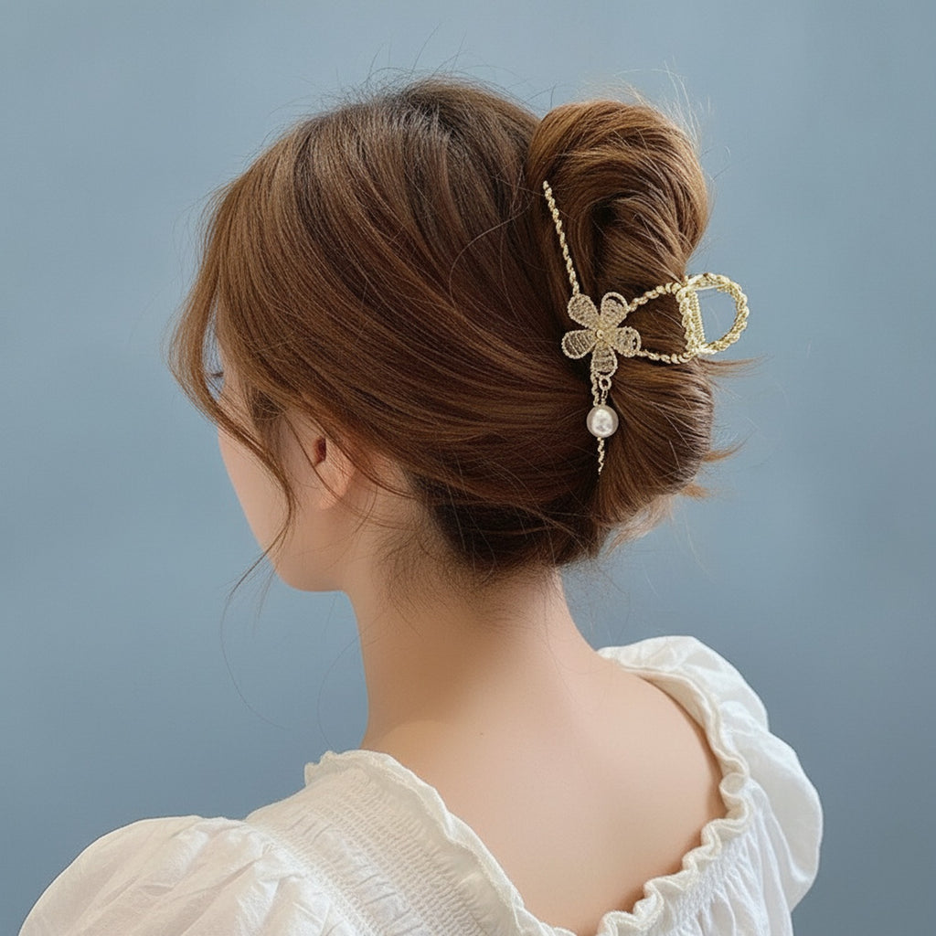Gold Bow Pearl Hair Claw Clip – hair accessories (view 3)