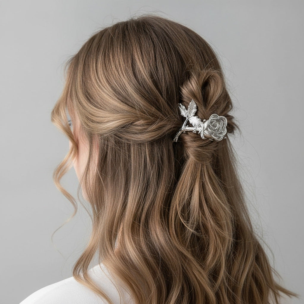 Rose Flower Hair Claw Clip - B Silver
