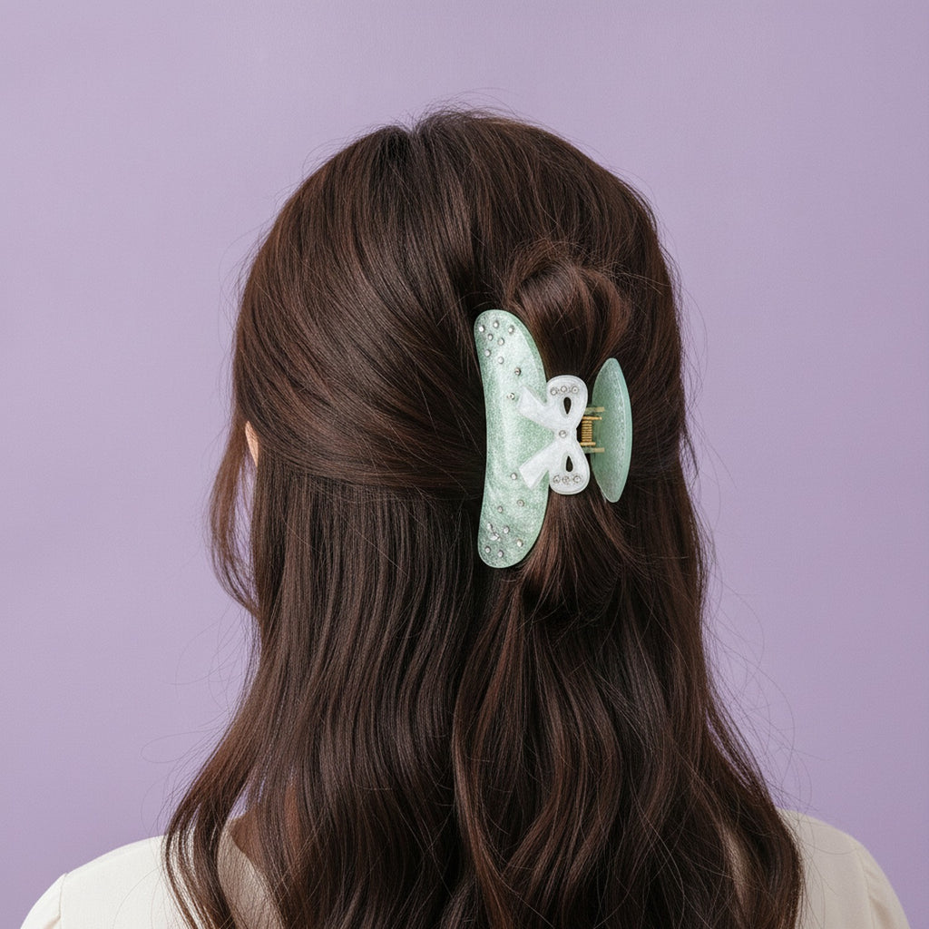 Sage Green Butterfly Hair Claw With Rhinestones – hair accessories (view 3)