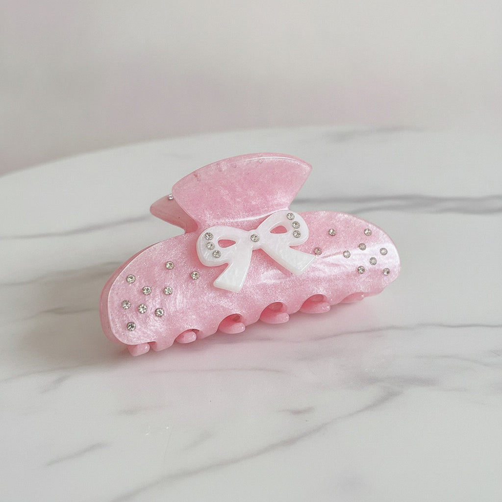 Pink Velvet Hair Claw With Rhinestone Bow – hair accessories (view 2)