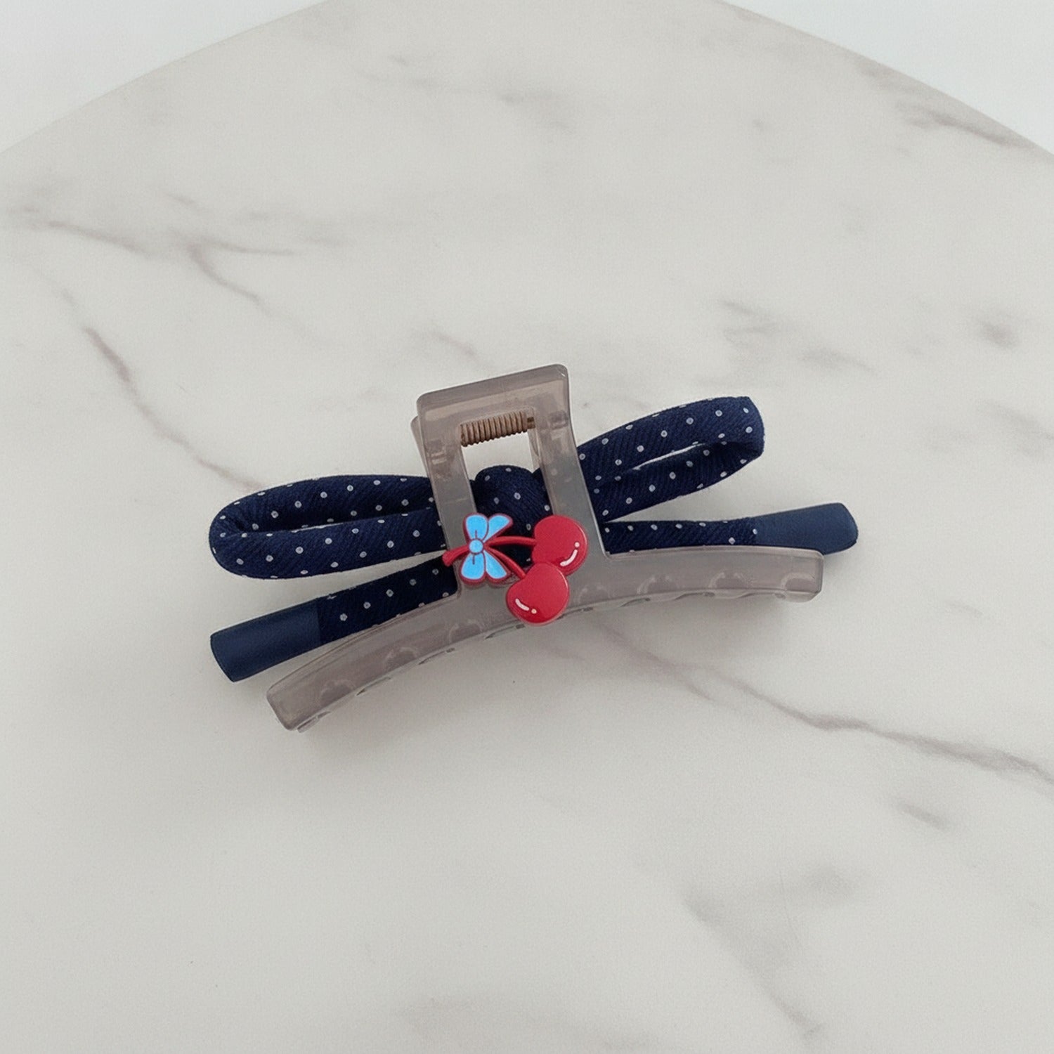Navy Polka Dot Hair Claw With Flower Charm