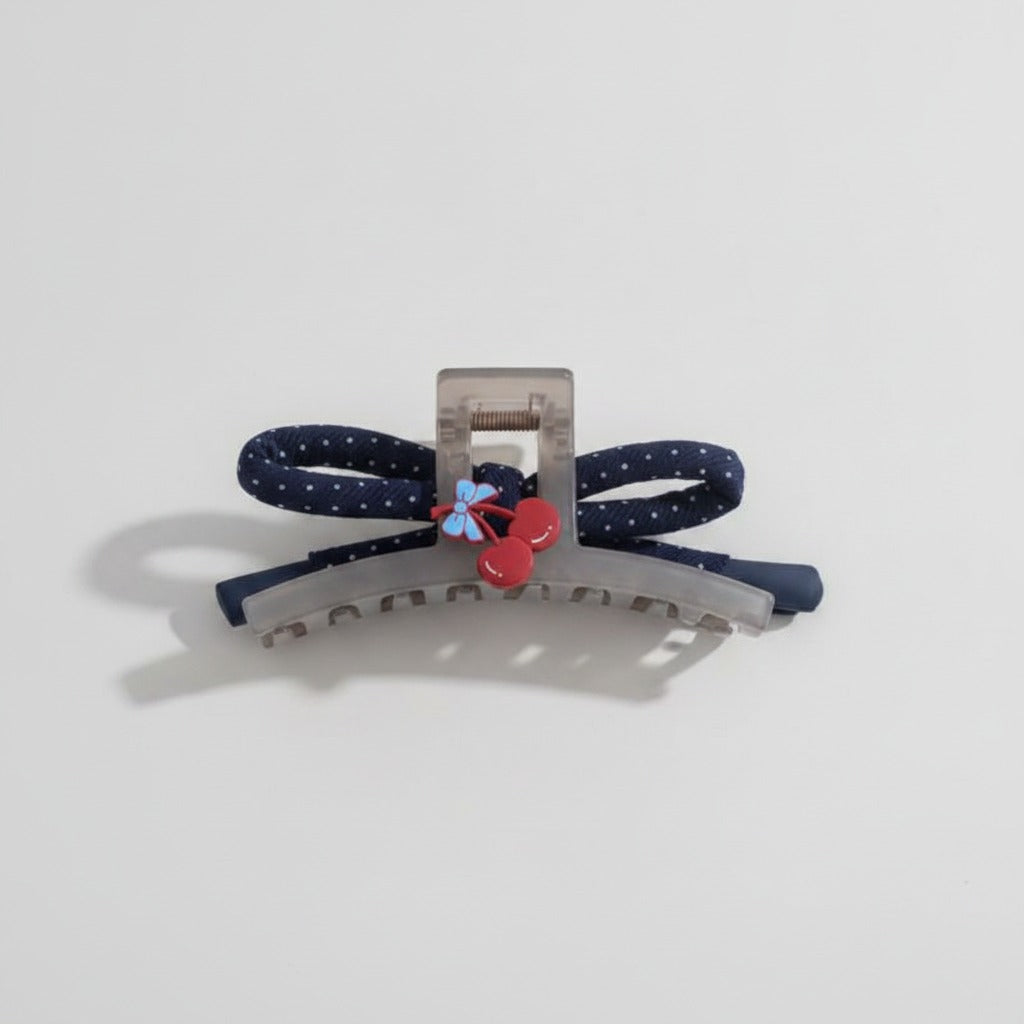 Navy Polka Dot Hair Claw With Flower Charm – hair accessories (view 1)