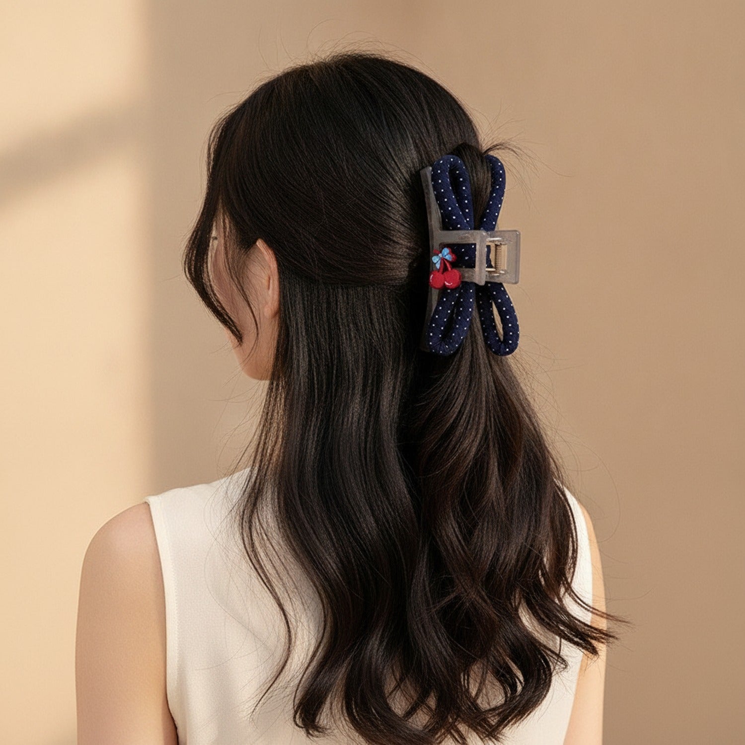 Navy Polka Dot Hair Claw With Flower Charm