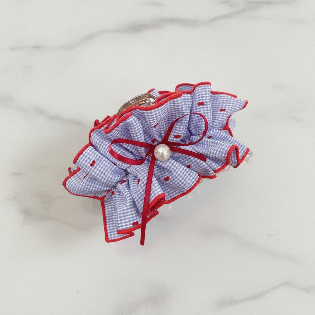 Red Gingham Ruffle Hair Claw With Pearl