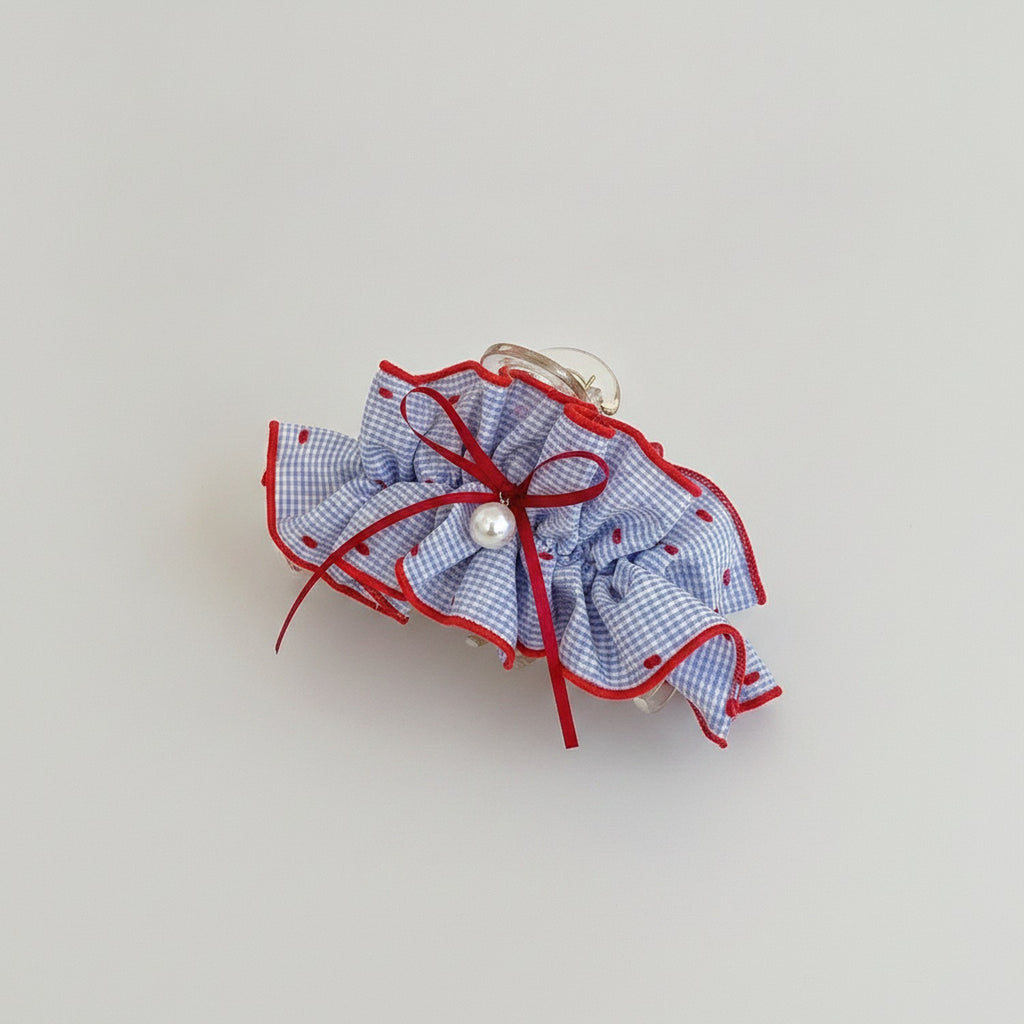 Red Gingham Ruffle Hair Claw With Pearl – hair accessories (view 1)
