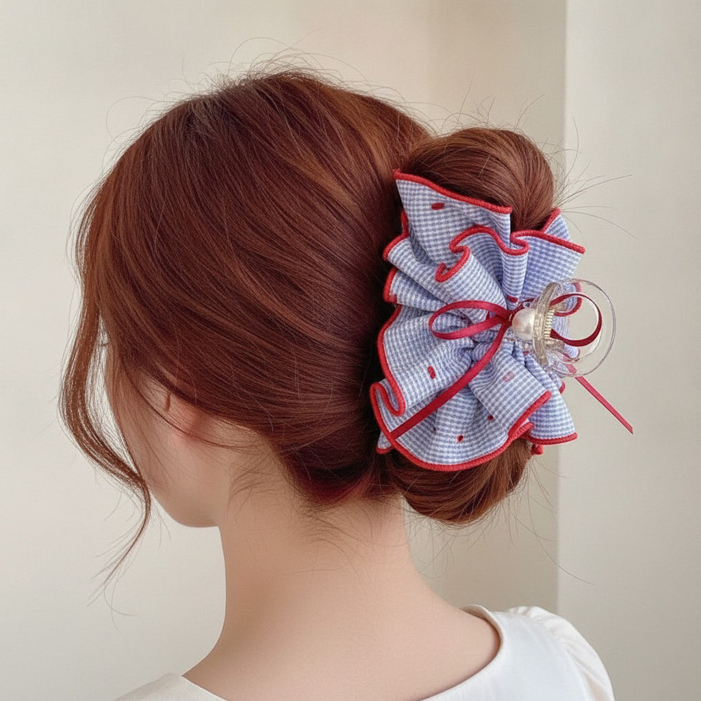 Red Gingham Ruffle Hair Claw With Pearl – hair accessories (view 2)