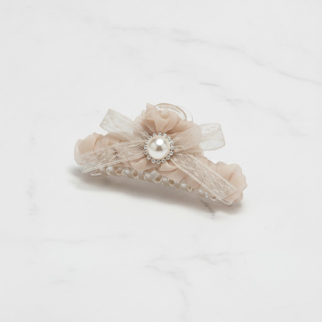 Pearl Beaded Bow Hair Claw Clip - Light Caramel
