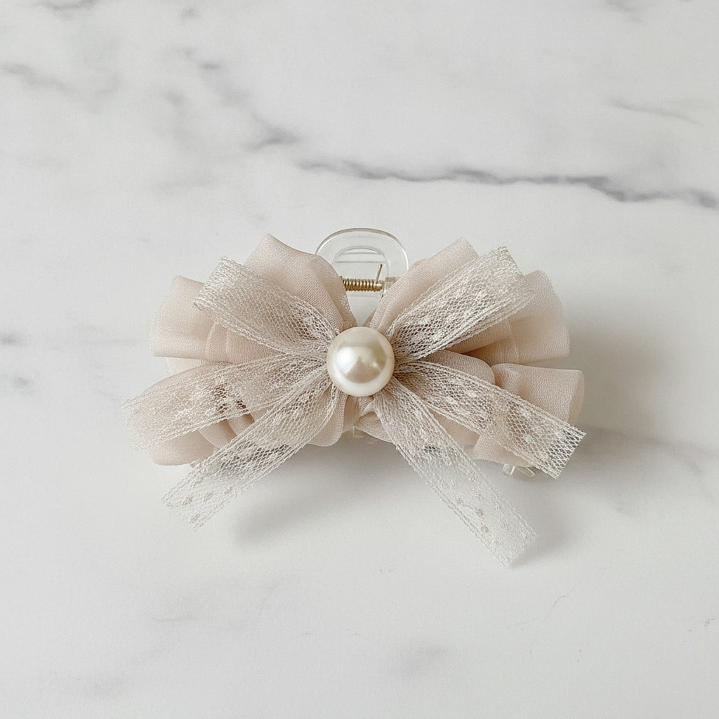 Pearl Beaded Bow Hair Claw Clip - Light Caramel