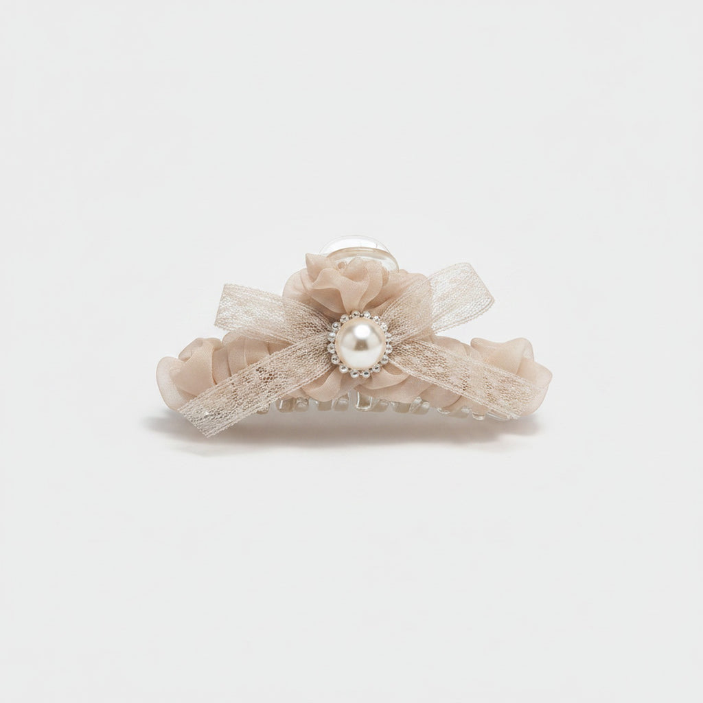 Pearl Beaded Bow Hair Claw Clip - Light Caramel