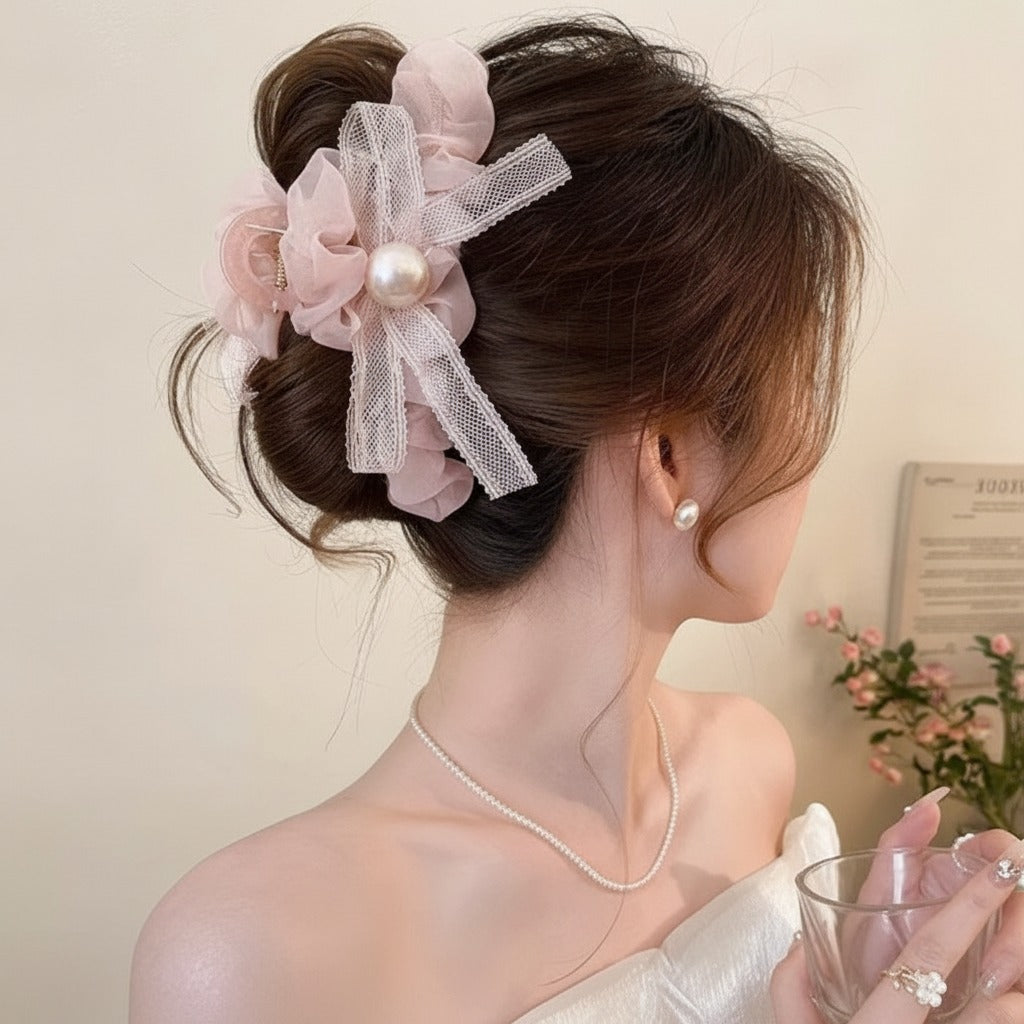 Pearl Beaded Bow Hair Claw Clip - Pink – hair accessories (view 4)
