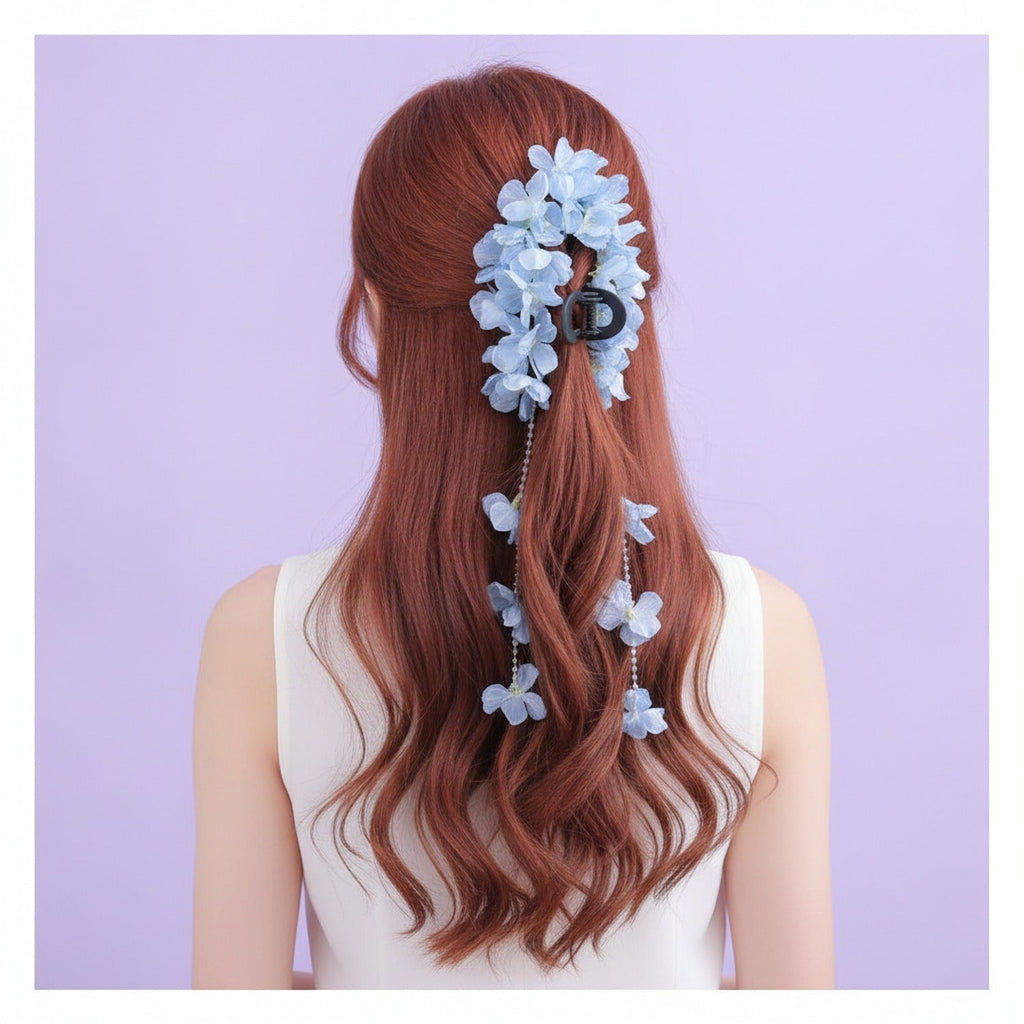 Flower Hanging Chain Hair Claw - Blue