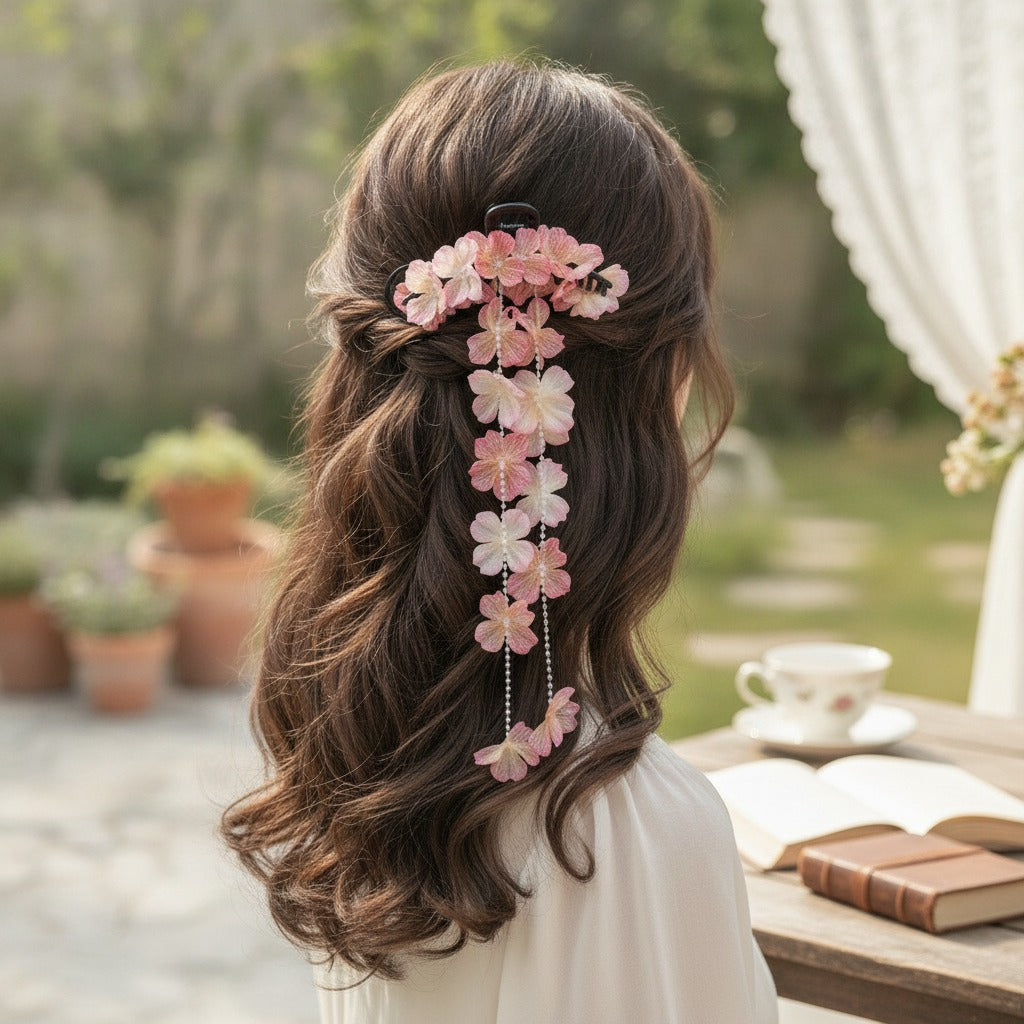 Flower Hanging Chain Hair Claw - Pink – hair accessories (view 2)