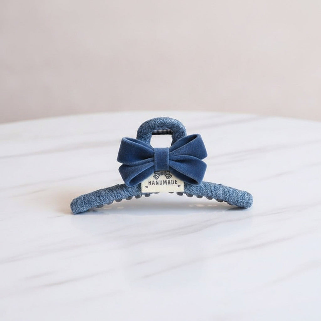 Textured Hair Claw With Velvet Bow - Blue