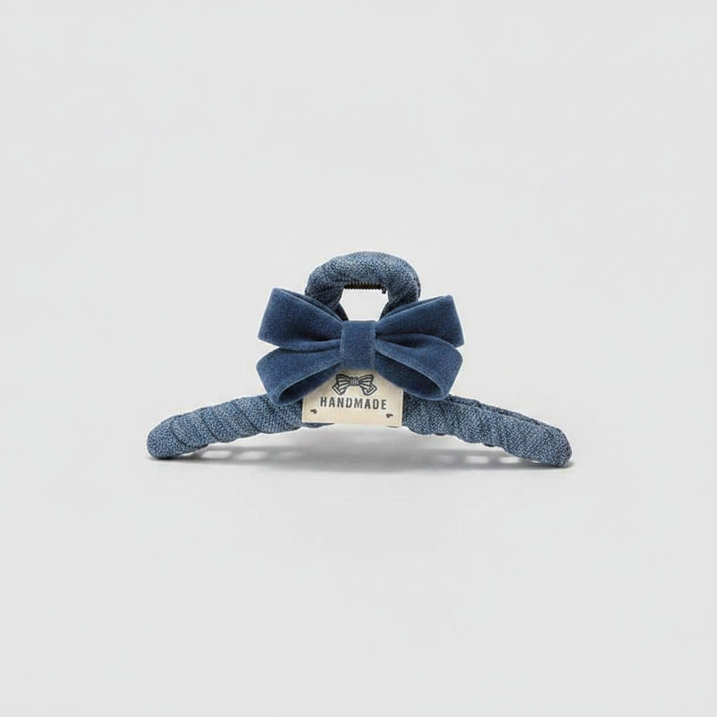 Textured Hair Claw With Velvet Bow - Blue
