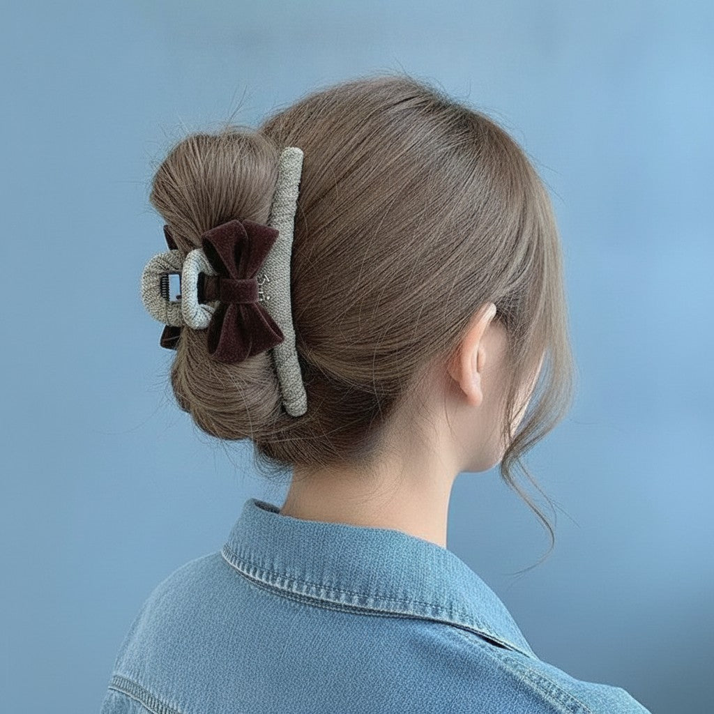 Textured Hair Claw With Velvet Bow - Blue