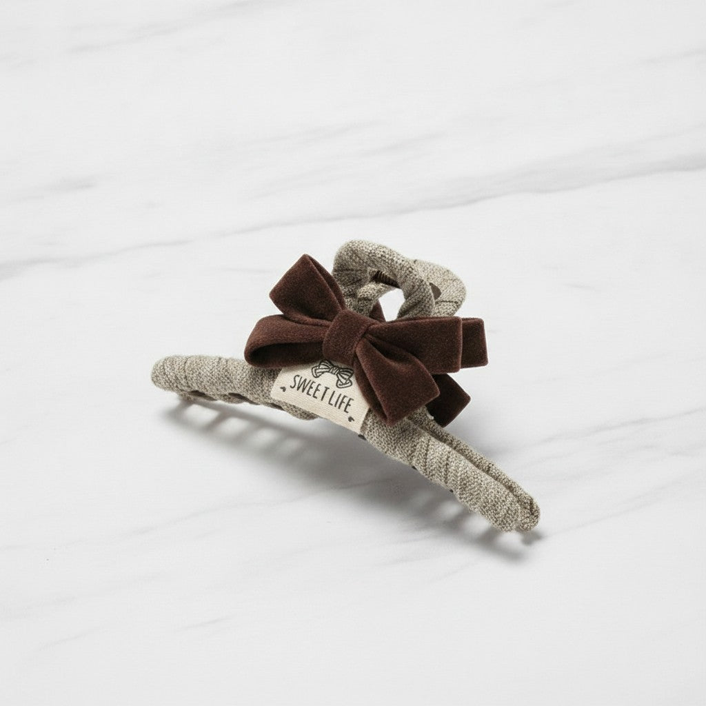 Textured Hair Claw With Velvet Bow - Caramel
