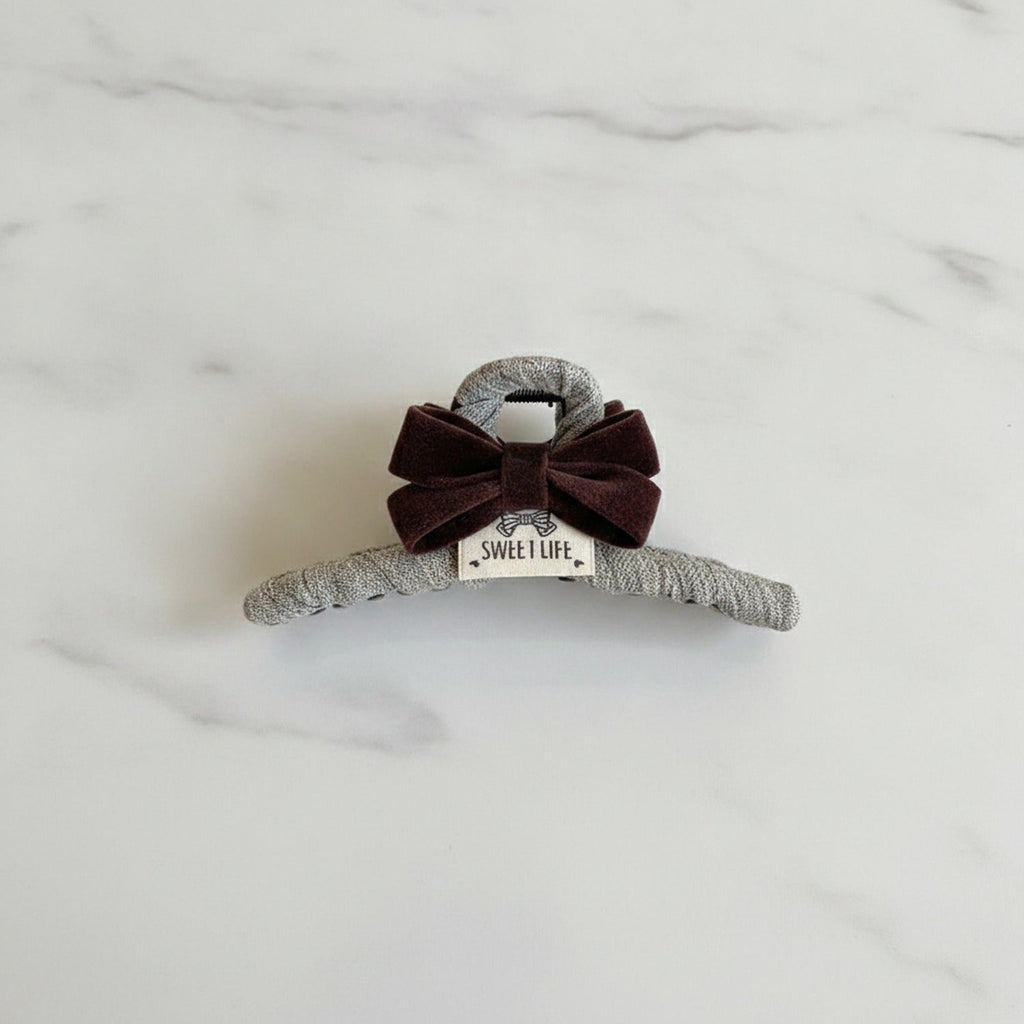 Textured Hair Claw With Velvet Bow - Caramel