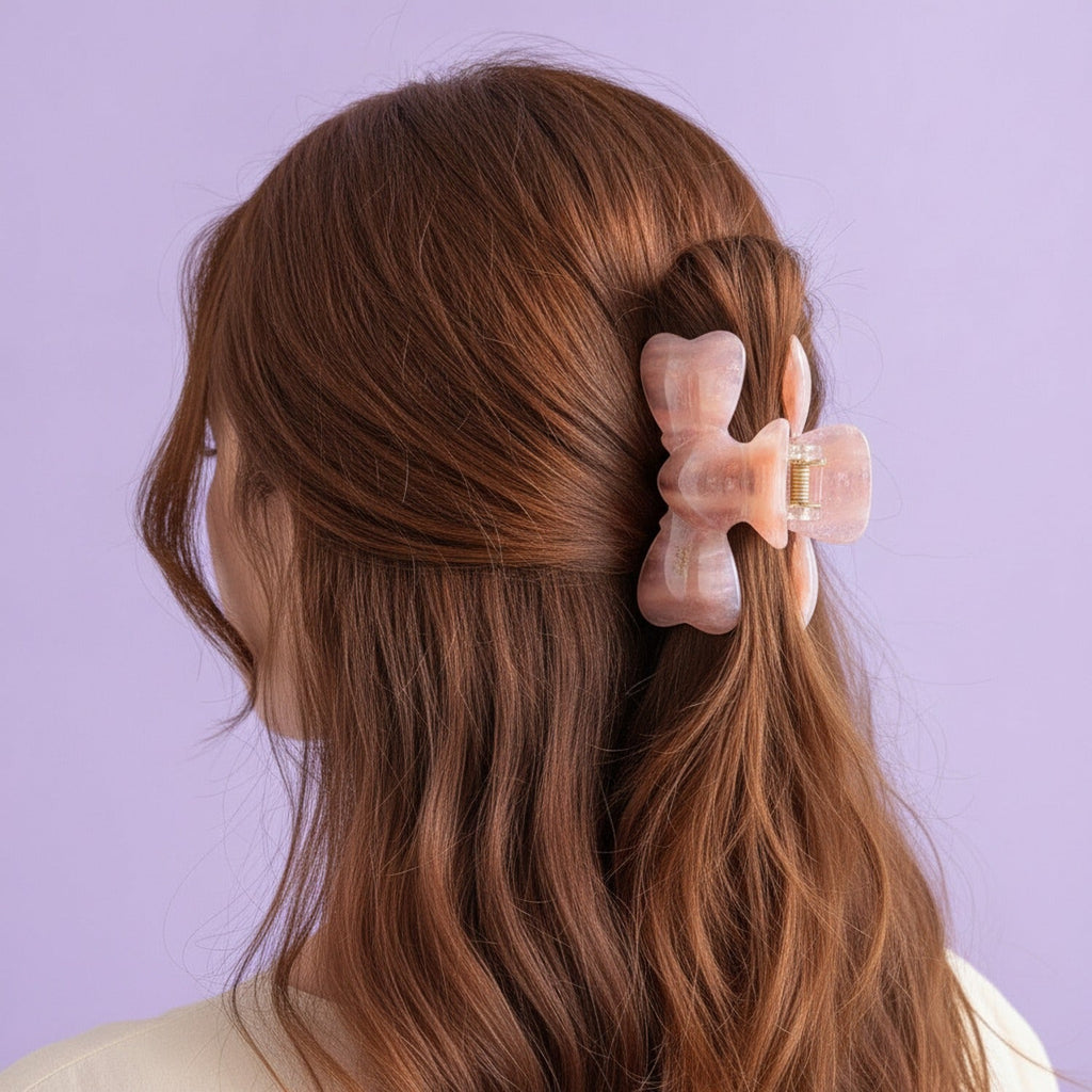 Pearl Bow Hair Claw Clip - Pink 9cm