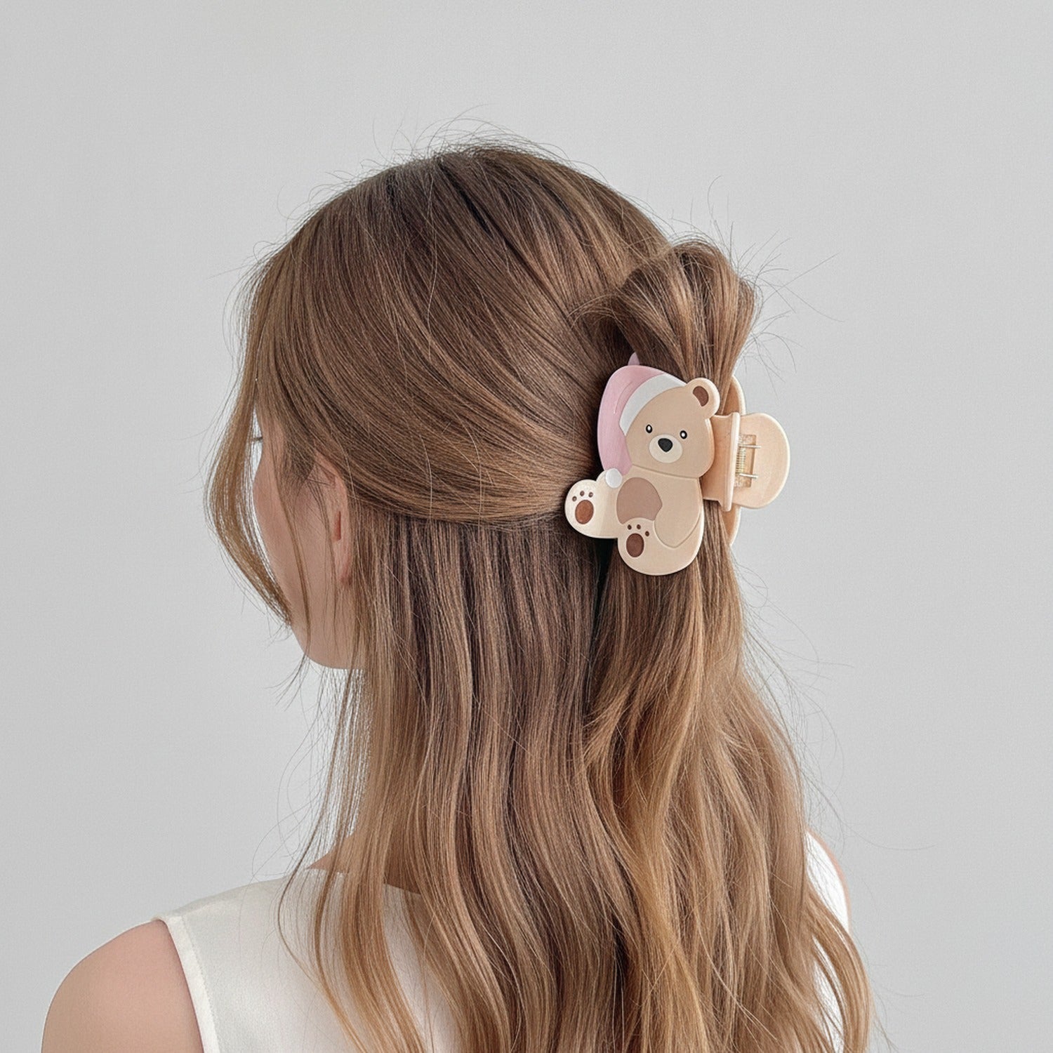 Cute Bear Hair Claw With Mirror Charm - Light Yellow Cap 8.7cm