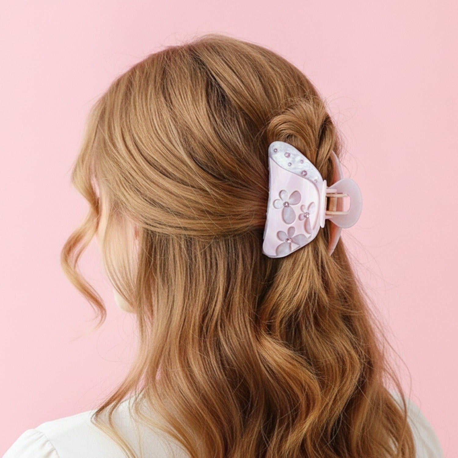 Flower Rhinestone Hair Claw Clip - Light Pink 8.3cm