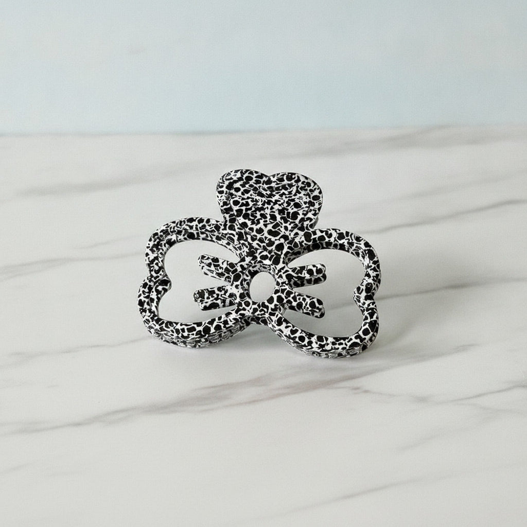 Leopard Print Bow Hair Claw Clip - Black White 8cm