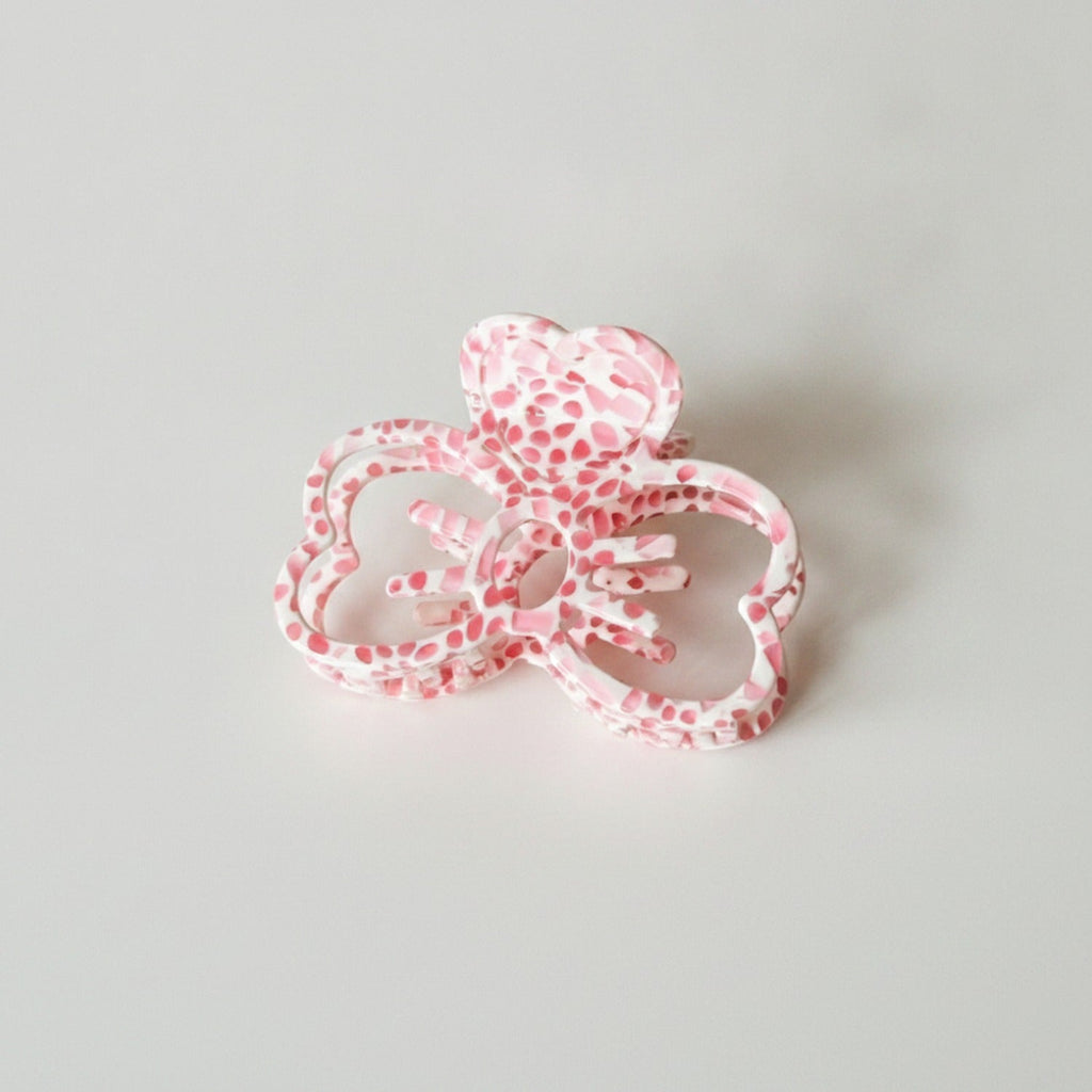 Leopard Print Bow Hair Claw Clip - Pink White 8cm