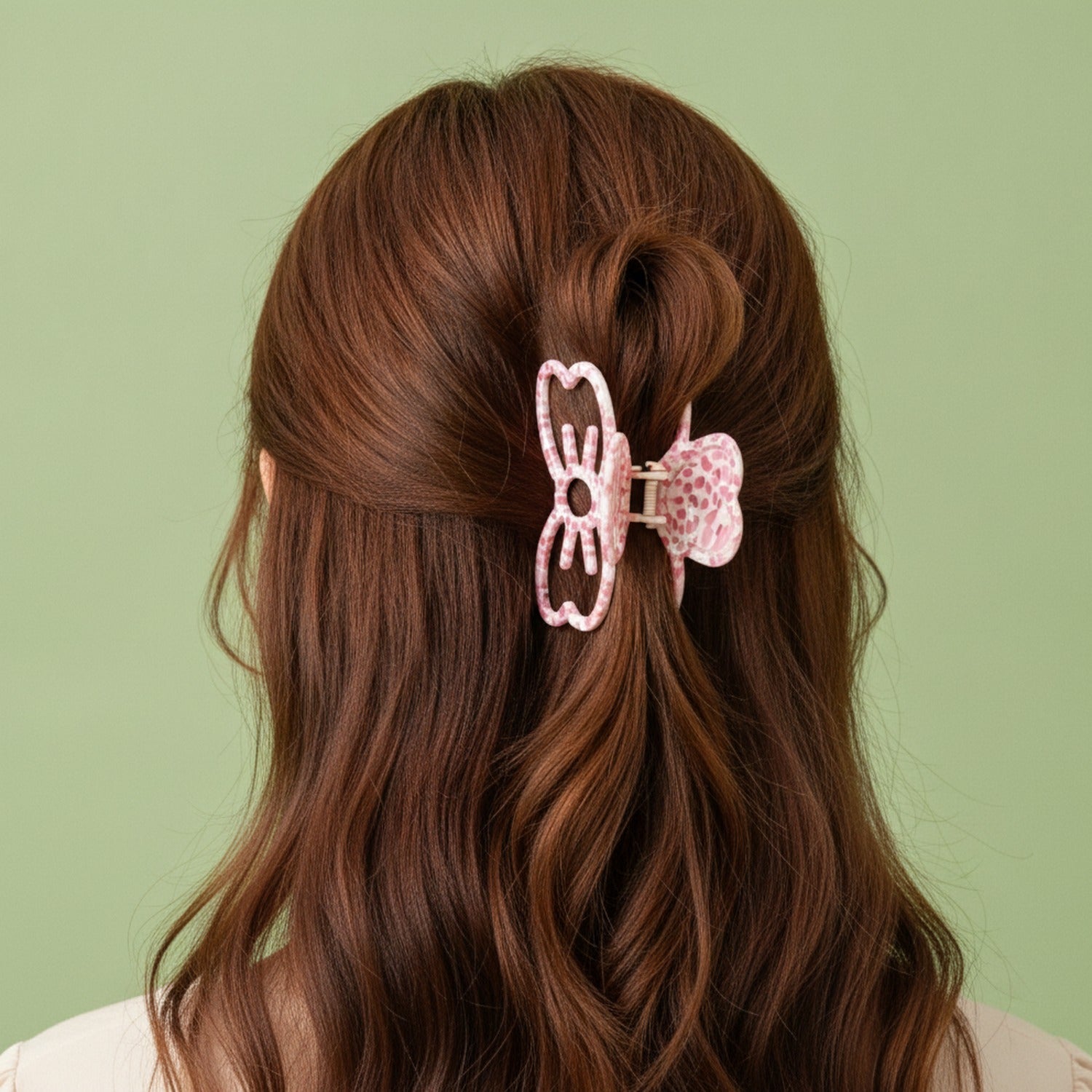Leopard Print Bow Hair Claw Clip - Pink White 8cm